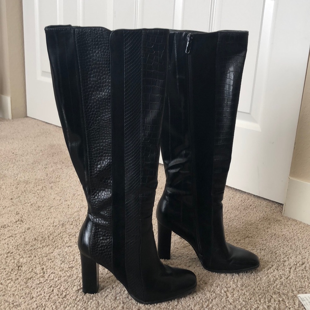 Gently worn black, multi textured boots